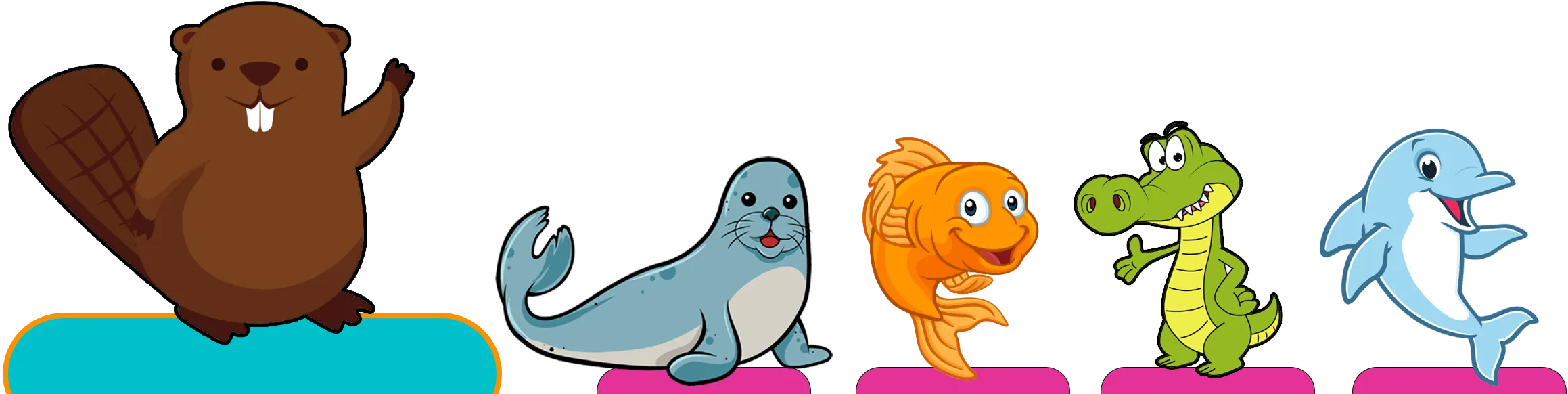 "Marina Swim School preschool swim program mascots: Beaver, Seal, Goldfish, Gator, and Dolphin characters."