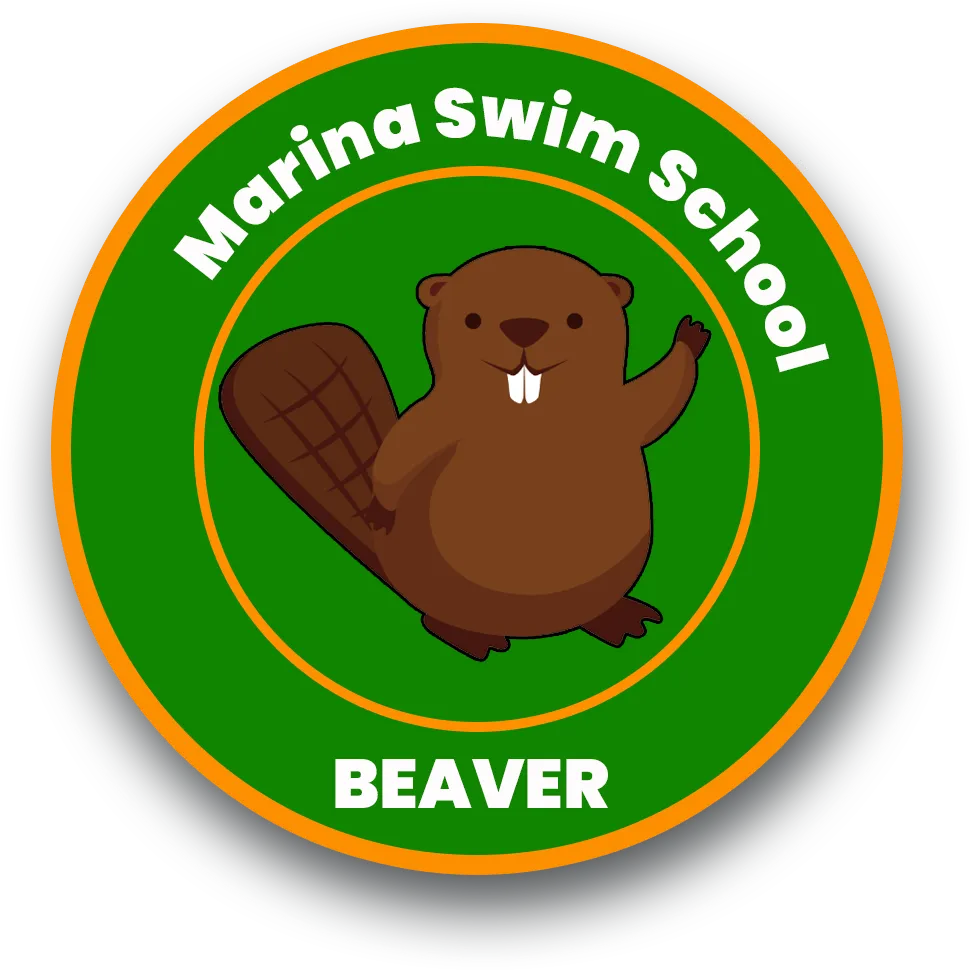 "Marina Swim School Beaver level badge featuring a smiling cartoon beaver, representing the preschool swim stage."