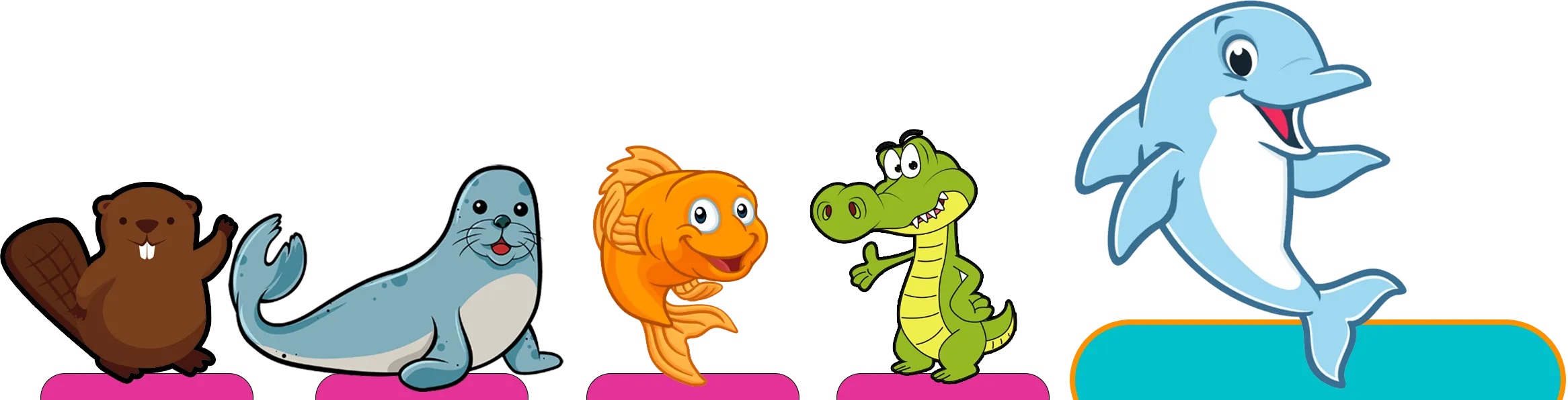 "Marina Swim School preschool swim program mascots: Beaver, Seal, Goldfish, Gator, and Dolphin characters."
