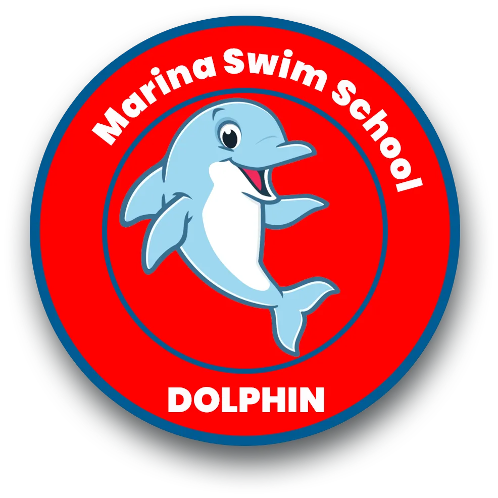 "Marina Swim School Dolphin level badge featuring a cartoon dolphin, representing the preschool swim stage."