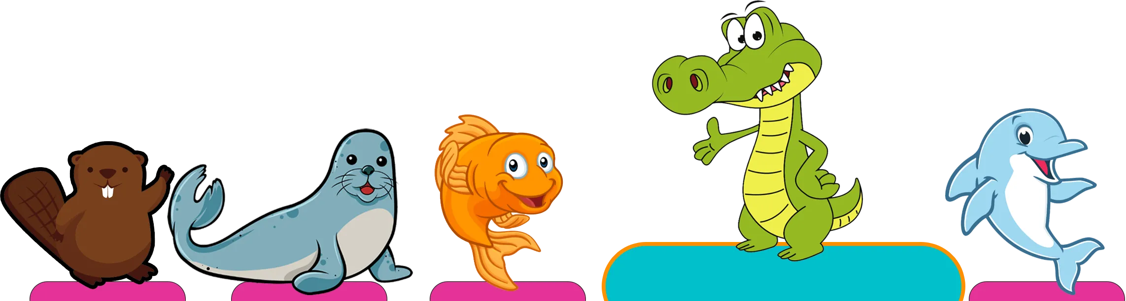 "Marina Swim School preschool swim program mascots: Beaver, Seal, Goldfish, Gator, and Dolphin characters."