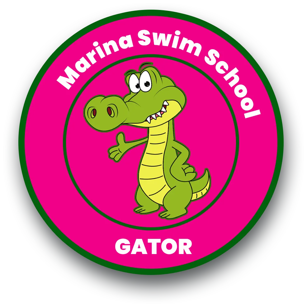 "Marina Swim School Gator level badge featuring a cartoon alligator, representing the preschool swim stage."