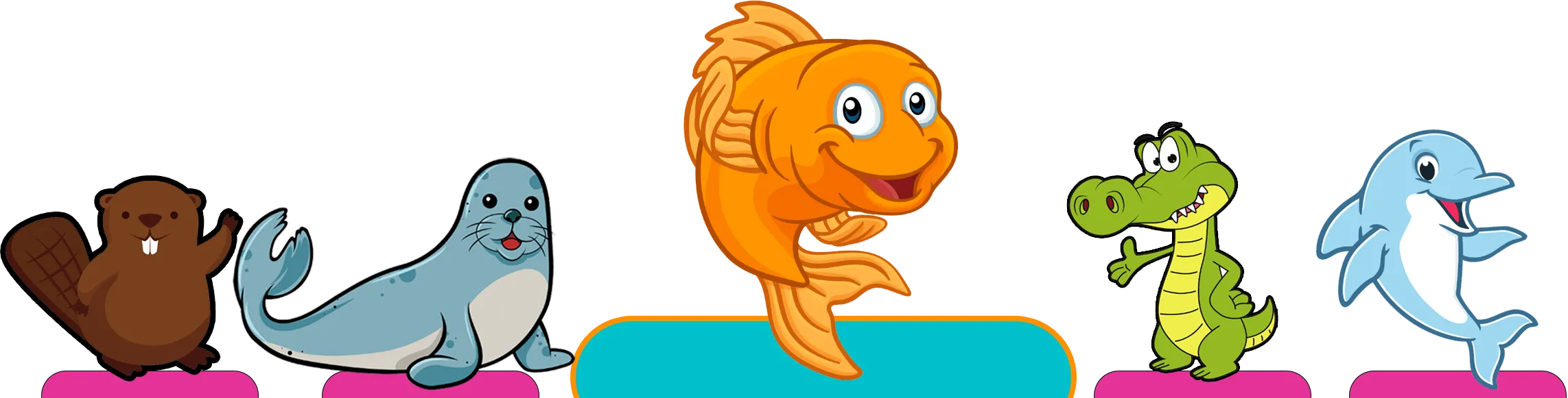 "Marina Swim School preschool swim program mascots: Beaver, Seal, Goldfish, Gator, and Dolphin characters."