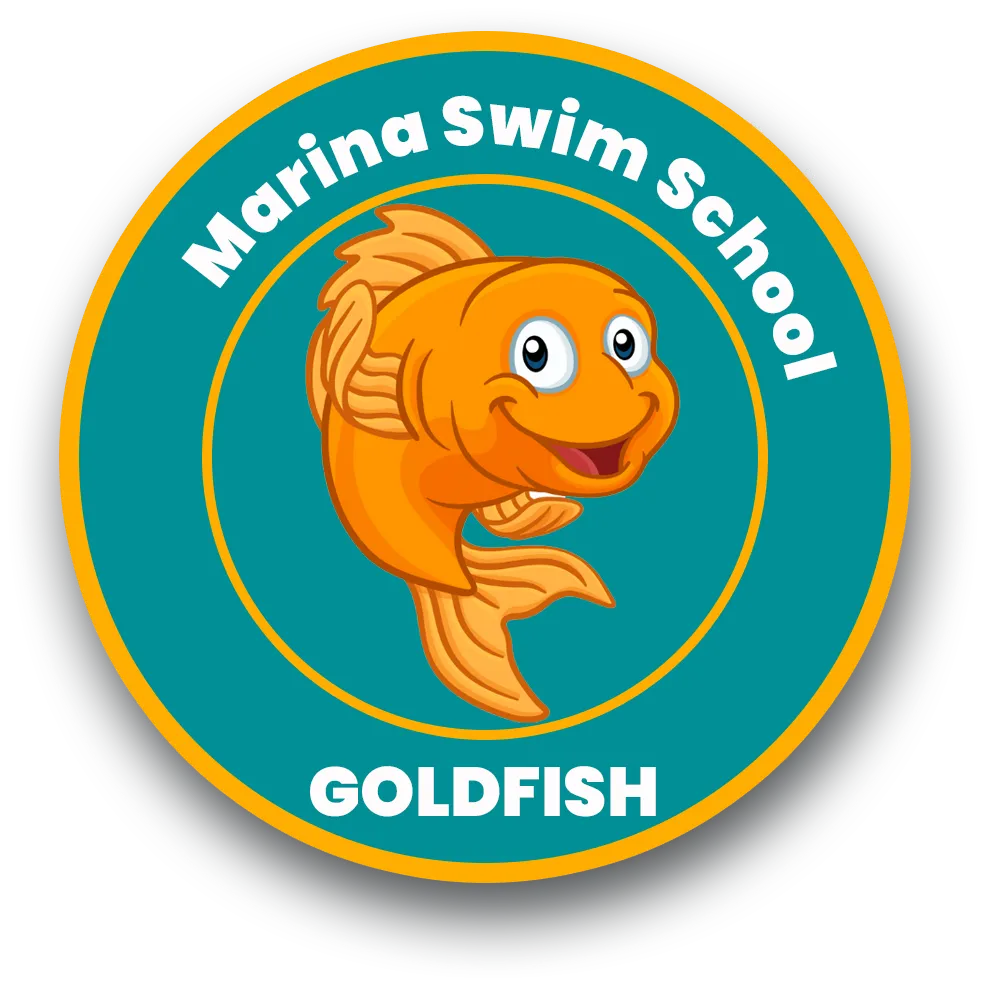 "Marina Swim School Goldfish level badge featuring a smiling cartoon goldfish, representing the preschool swim stage."
