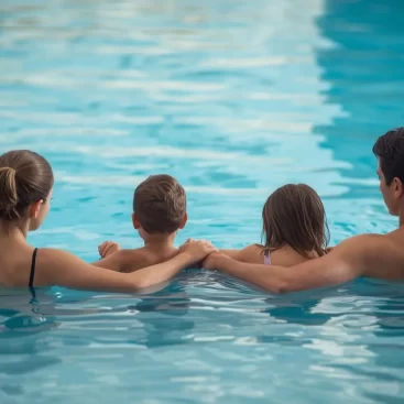 Family participating in a 60-minute swim lesson at Marina Swim School, engaging in water safety drills and stroke techniques together