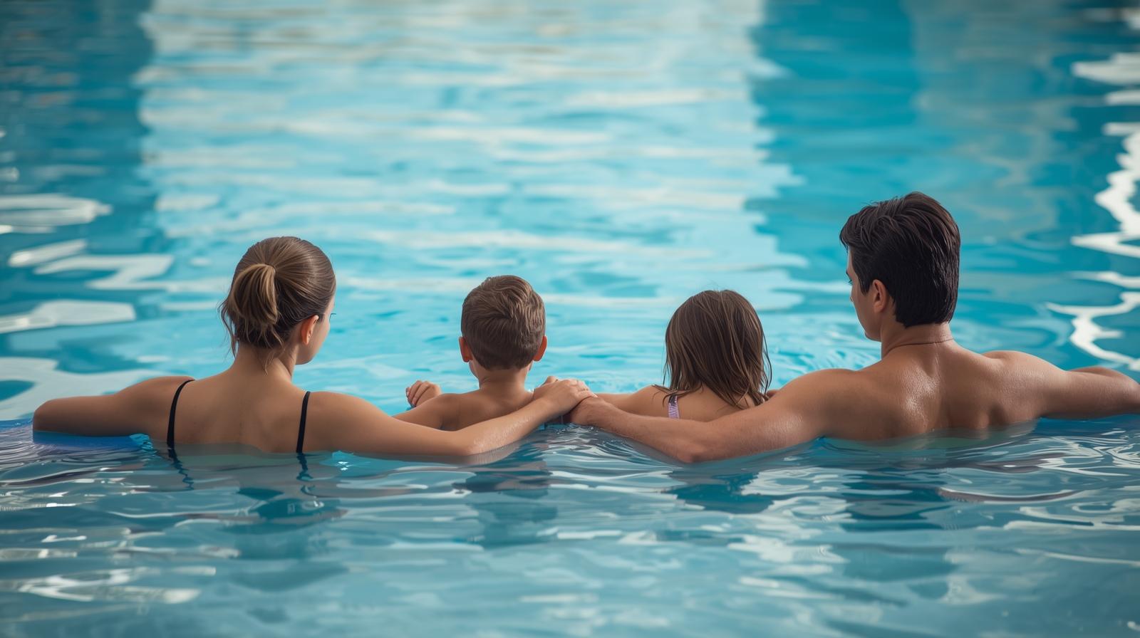 Family participating in a 60-minute swim lesson at Marina Swim School, engaging in water safety drills and stroke techniques together
