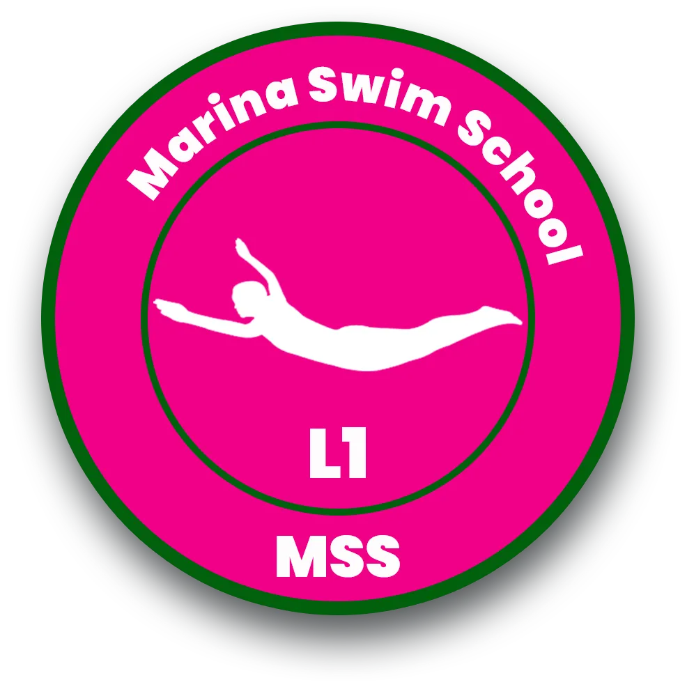 "Marina Swim School Level 1 badge featuring a swimmer silhouette, representing the first stage of the youth swim program."