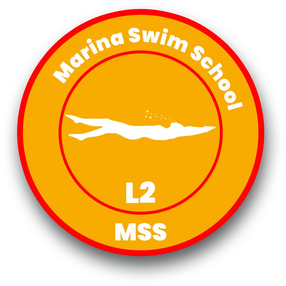 "Marina Swim School Level 2 badge featuring a swimmer silhouette, representing the second stage of the youth swim program."