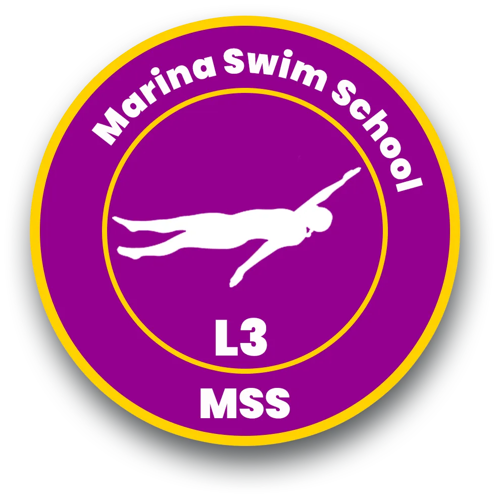 "Marina Swim School Level 3 badge featuring a swimmer silhouette, representing the third stage of the youth swim program."