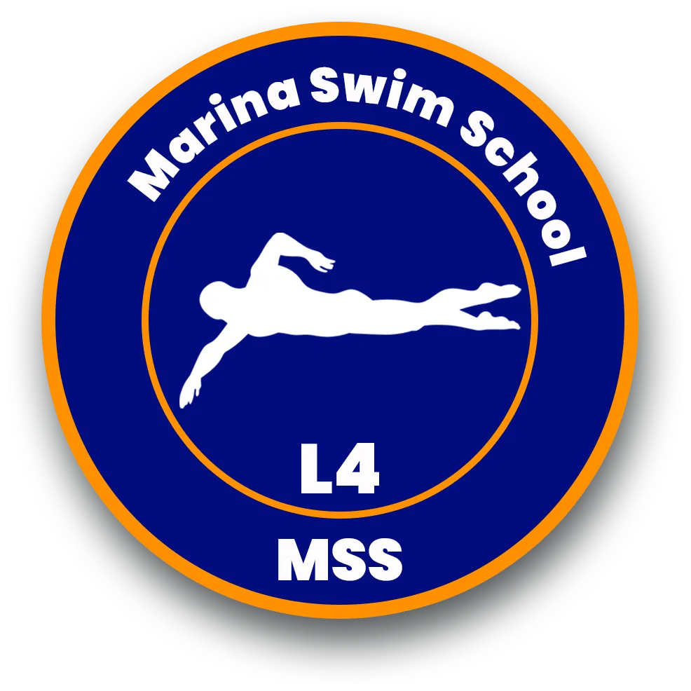 "Marina Swim School Level 4 badge featuring a swimmer silhouette, representing the fourth stage of the youth swim program."