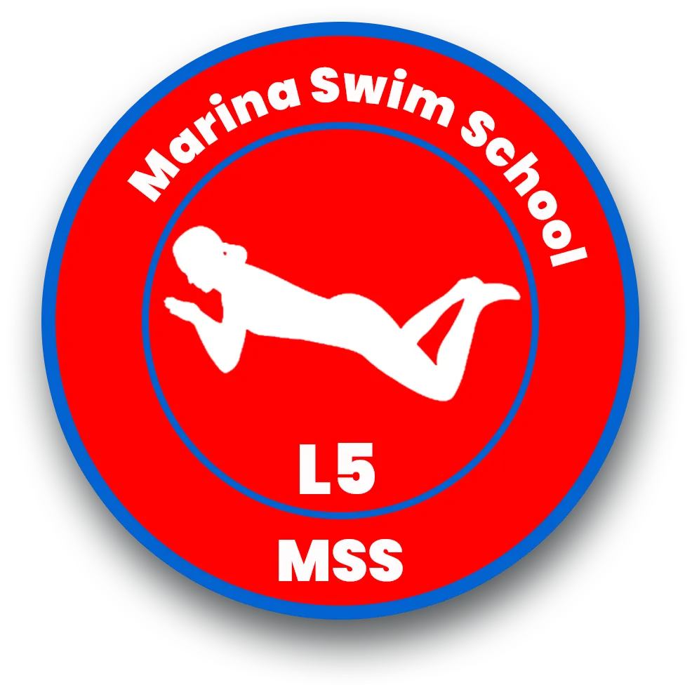 "Marina Swim School Level 5 badge featuring a swimmer silhouette, representing the fifth stage of the youth swim program."