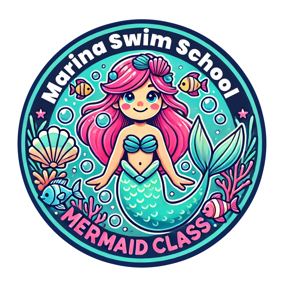 "Marina Swim School Mermaid Class badge featuring a colorful cartoon mermaid surrounded by sea life."