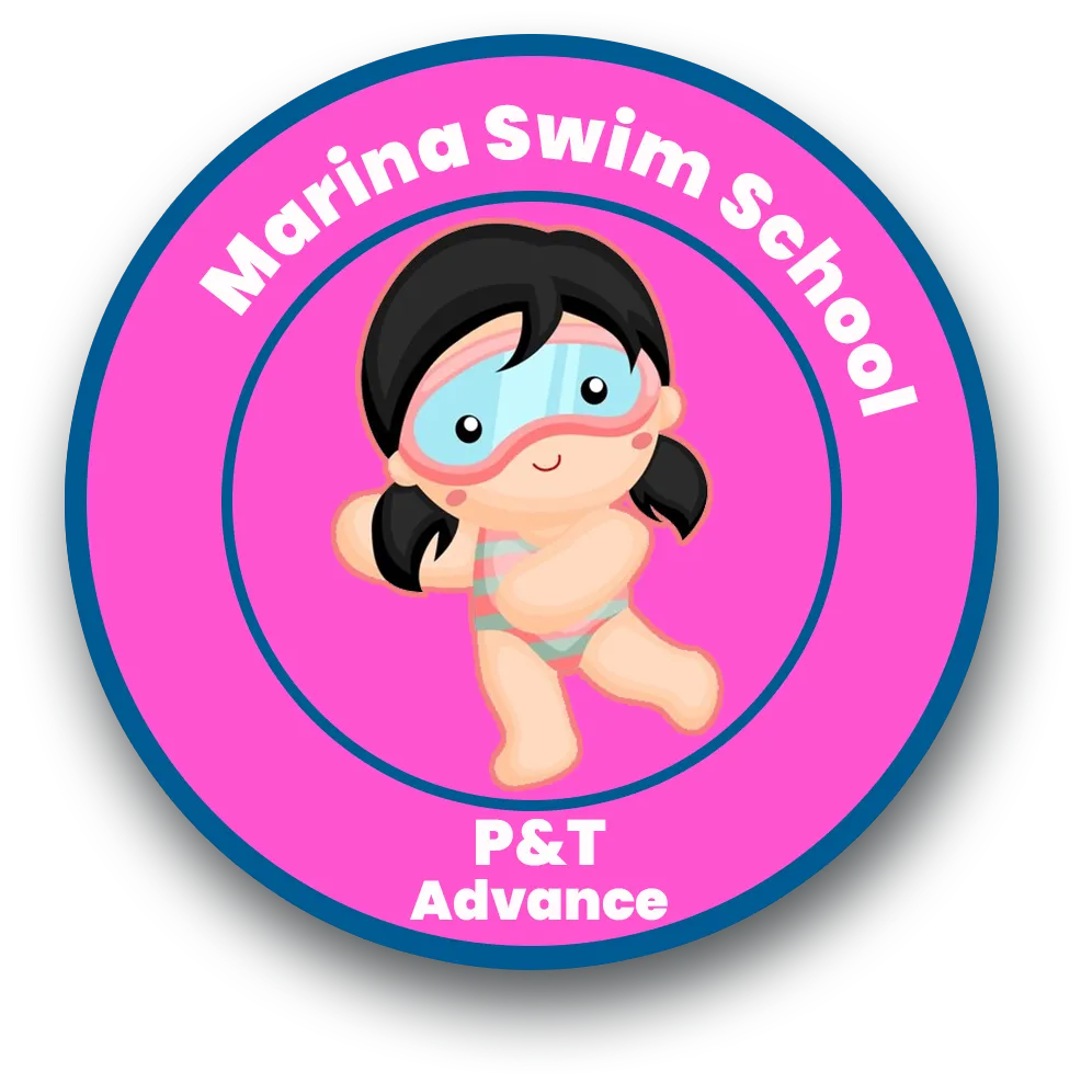 "Cartoon illustration of a young swimmer with goggles, representing the Parent & Toddler Advance program at Marina Swim School."