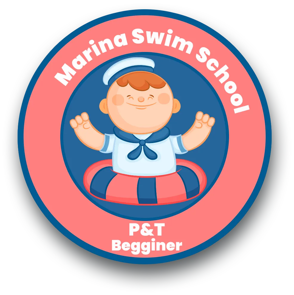 “Marina Swim School P&T Beginner badge with sailor kid illustration in a swim ring.”