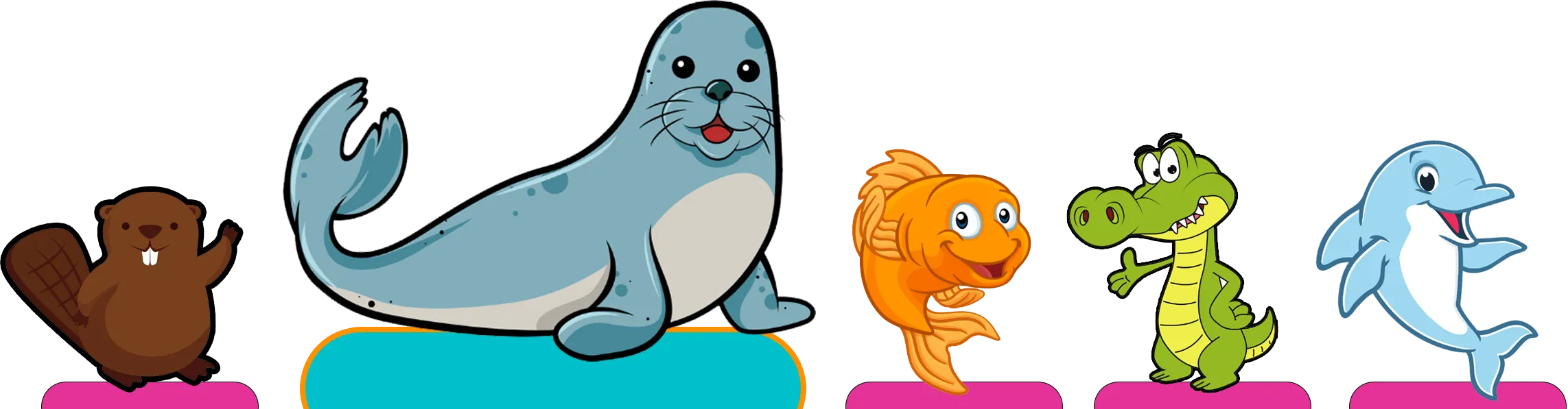 "Marina Swim School preschool swim program mascots: Beaver, Seal, Goldfish, Gator, and Dolphin characters."