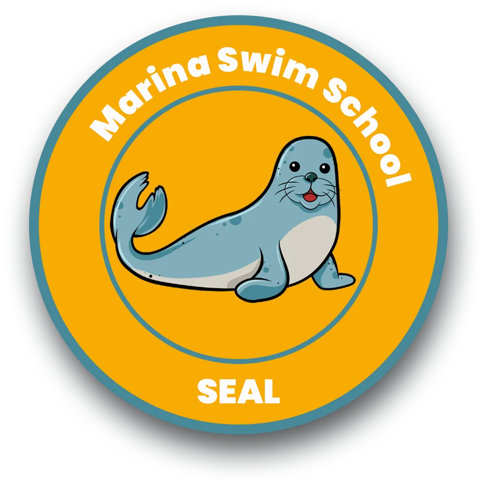 "Marina Swim School Seal level badge featuring a smiling cartoon seal, representing the preschool swim stage."