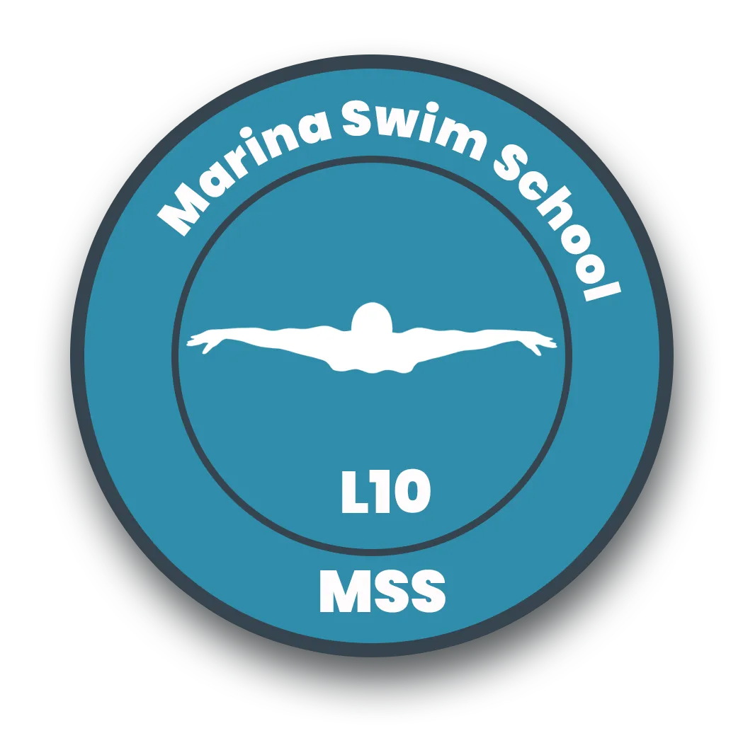 Marina Swim School Level 10 badge for advanced swimming program in Boca Raton, Florida.
