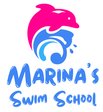 Marina’s Swim School logo featuring a pink dolphin and blue wave, representing swim lessons for all ages at our warm water pools in Vancouver, Richmond, Kerrisdale, Cambie, Ontario, Mississauga, Burlington, and Boca Raton, Florida.
